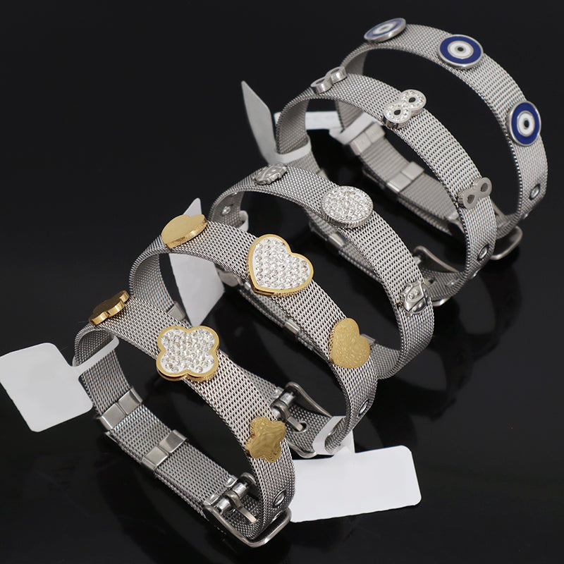 Wholesale Women Customized Jewelry Ajustable CZ No Tarnish Heart Flower Blue Evil Eyes Charm Stainless Steel Bracelet Bangle