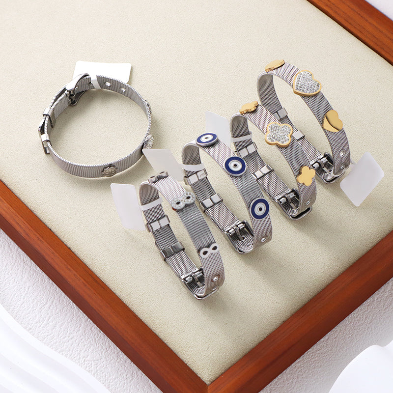 Wholesale Women Customized Jewelry Ajustable CZ No Tarnish Heart Flower Blue Evil Eyes Charm Stainless Steel Bracelet Bangle