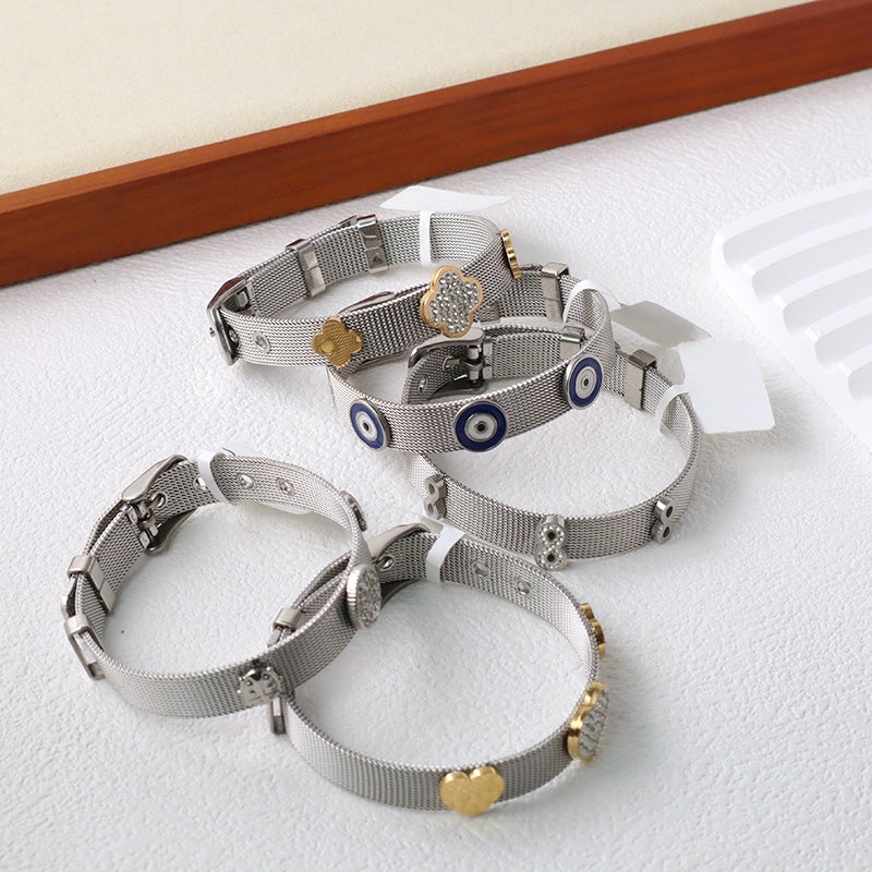 Wholesale Women Customized Jewelry Ajustable CZ No Tarnish Heart Flower Blue Evil Eyes Charm Stainless Steel Bracelet Bangle