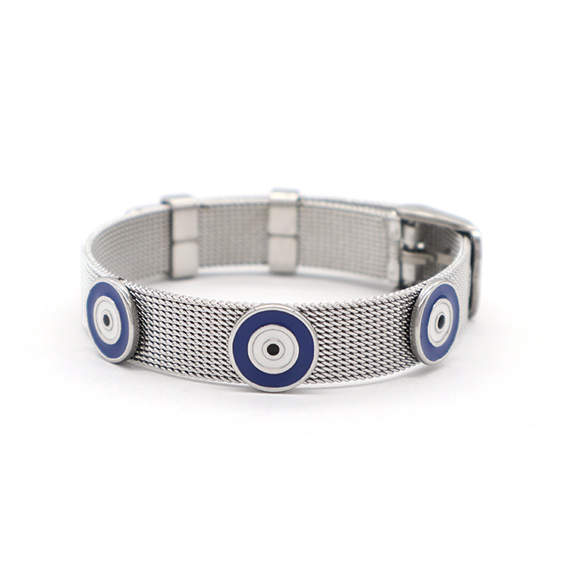 Wholesale Women Customized Jewelry Ajustable CZ No Tarnish Heart Flower Blue Evil Eyes Charm Stainless Steel Bracelet Bangle
