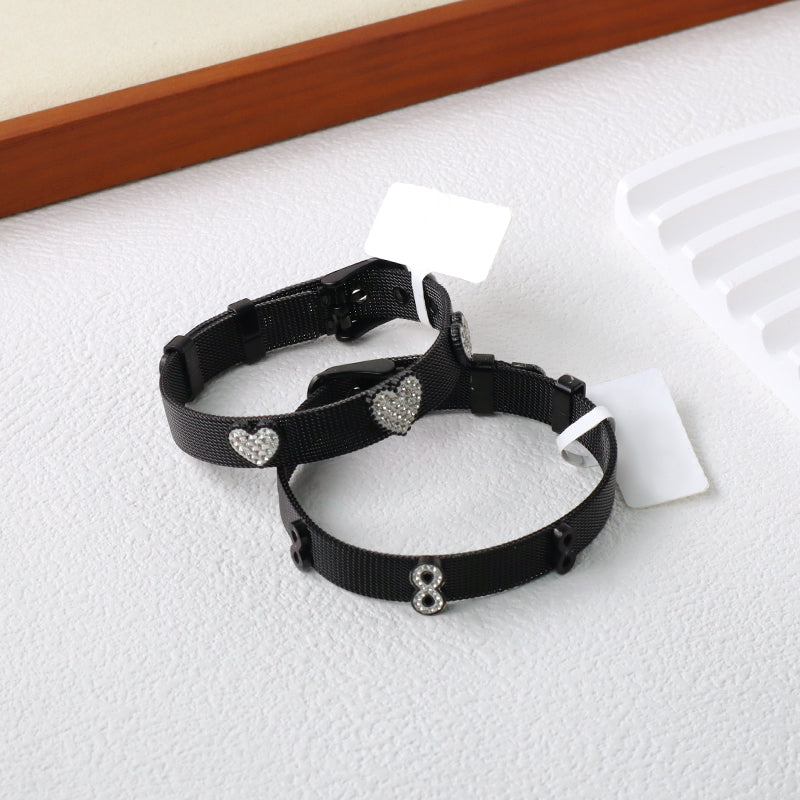 Hot Selling Ajustable Wholesale Customized Jewelry Black CZ Heart Charm Stainless Steel Bangle Bracelet For Women