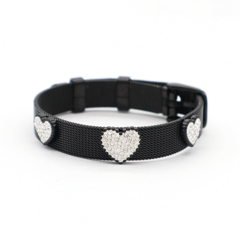 Hot Selling Ajustable Wholesale Customized Jewelry Black CZ Heart Charm Stainless Steel Bangle Bracelet For Women