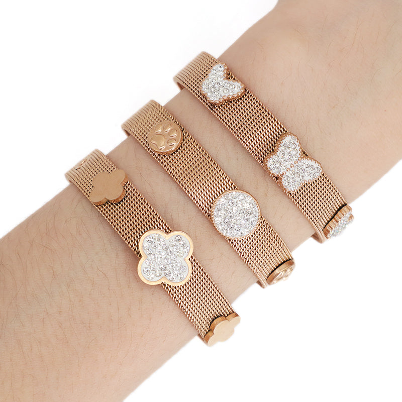 New Bulk Sale Fashion Women Custom Jewelry Ajustable CZ Rose Gold Flower Butterfly Charm Stainless Steel Bracelet Bangle