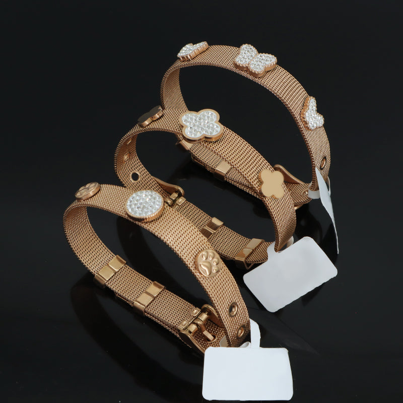 New Bulk Sale Fashion Women Custom Jewelry Ajustable CZ Rose Gold Flower Butterfly Charm Stainless Steel Bracelet Bangle