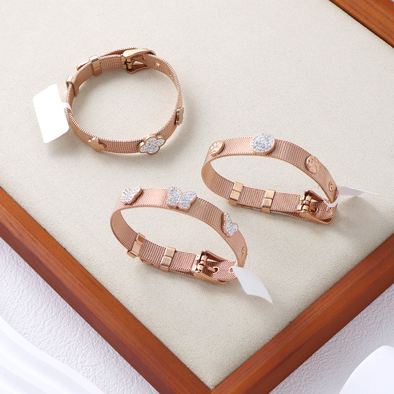 New Bulk Sale Fashion Women Custom Jewelry Ajustable CZ Rose Gold Flower Butterfly Charm Stainless Steel Bracelet Bangle