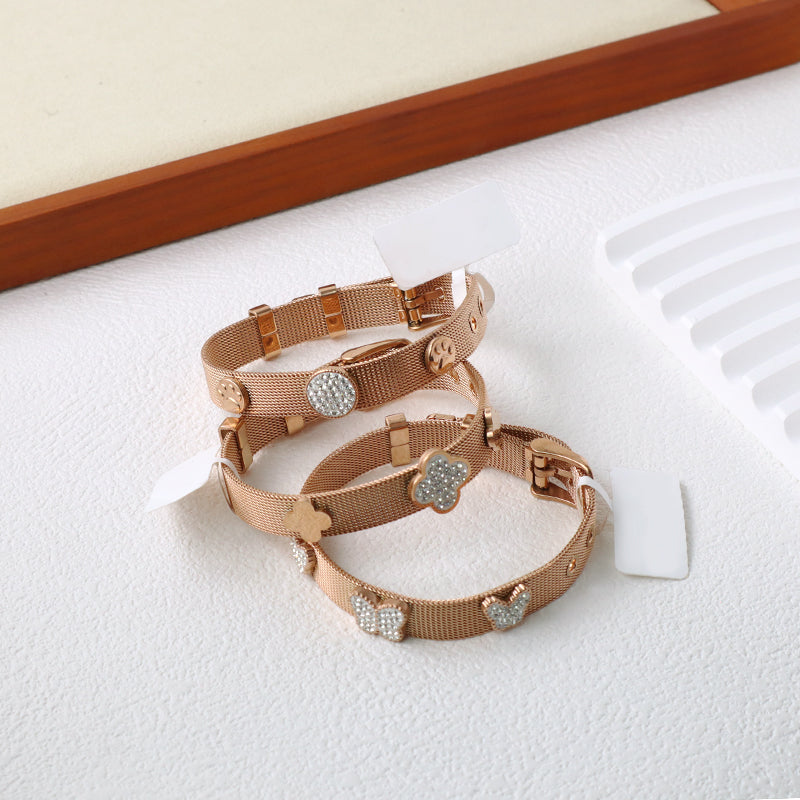 New Bulk Sale Fashion Women Custom Jewelry Ajustable CZ Rose Gold Flower Butterfly Charm Stainless Steel Bracelet Bangle