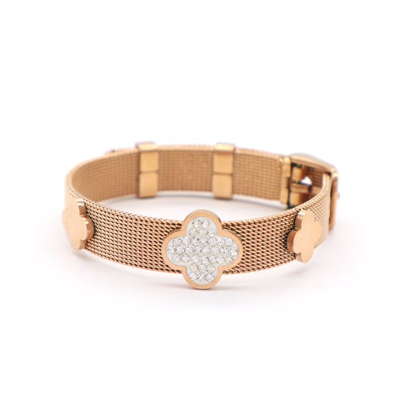 New Bulk Sale Fashion Women Custom Jewelry Ajustable CZ Rose Gold Flower Butterfly Charm Stainless Steel Bracelet Bangle