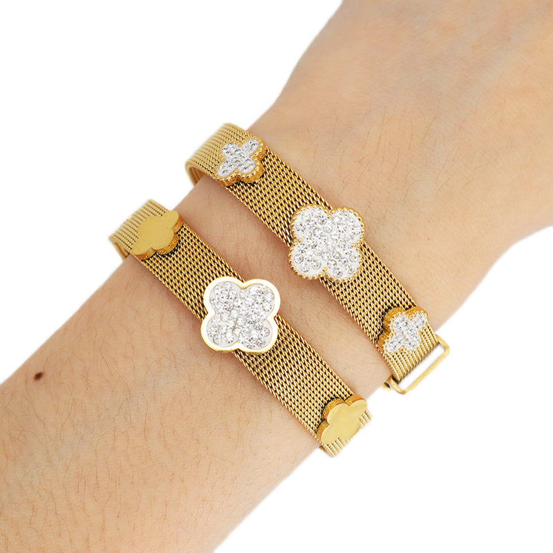 New Fashion Wholesale Women Custom Jewelry Ajustable Stainless Steel CZ Gold Plated Flower Charm Bracelet Bangle