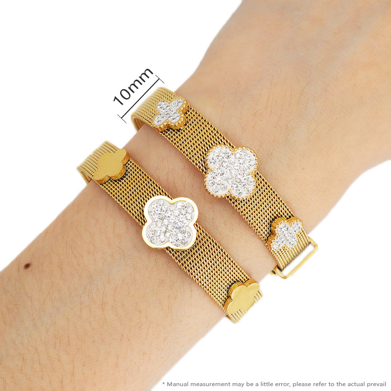 New Fashion Wholesale Women Custom Jewelry Ajustable Stainless Steel CZ Gold Plated Flower Charm Bracelet Bangle