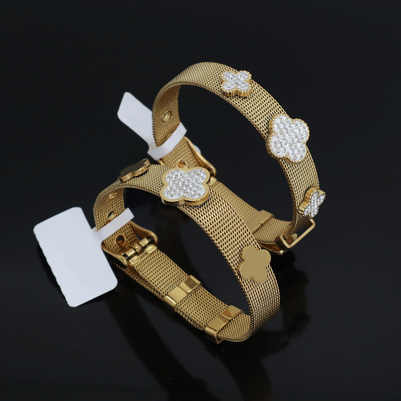 New Fashion Wholesale Women Custom Jewelry Ajustable Stainless Steel CZ Gold Plated Flower Charm Bracelet Bangle