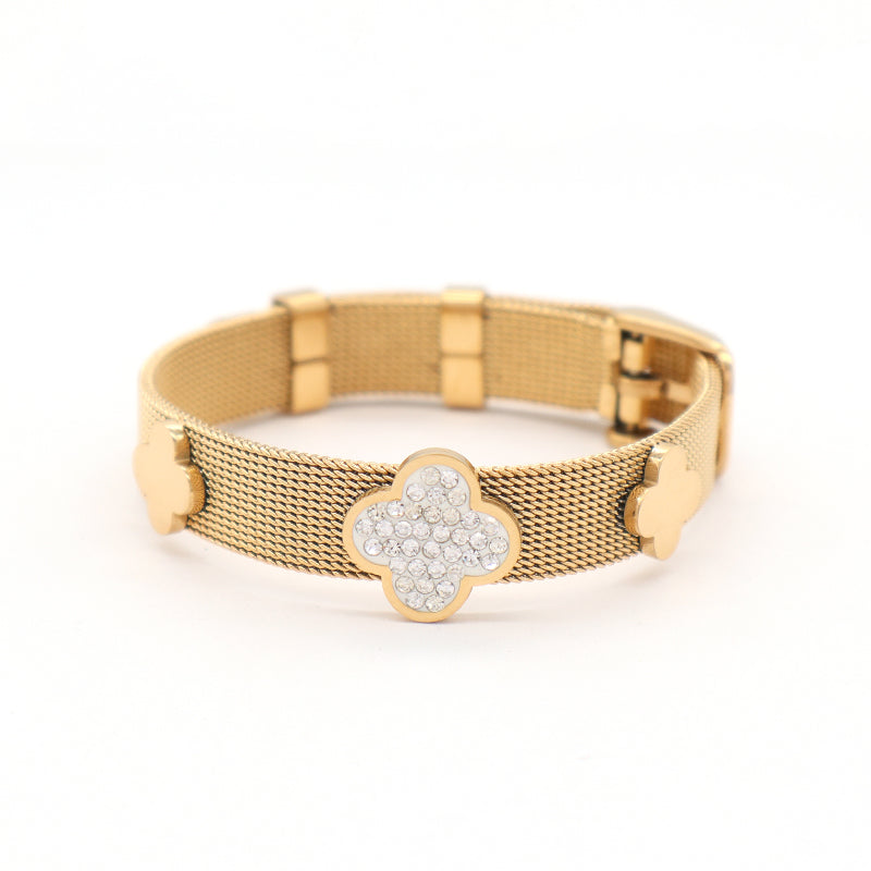 New Fashion Wholesale Women Custom Jewelry Ajustable Stainless Steel CZ Gold Plated Flower Charm Bracelet Bangle