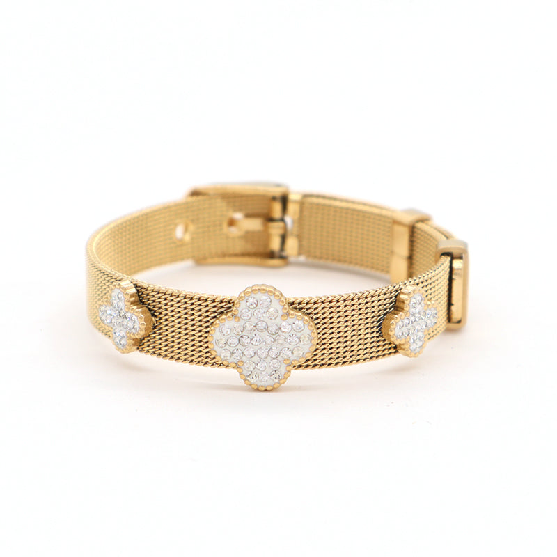 New Fashion Wholesale Women Custom Jewelry Ajustable Stainless Steel CZ Gold Plated Flower Charm Bracelet Bangle