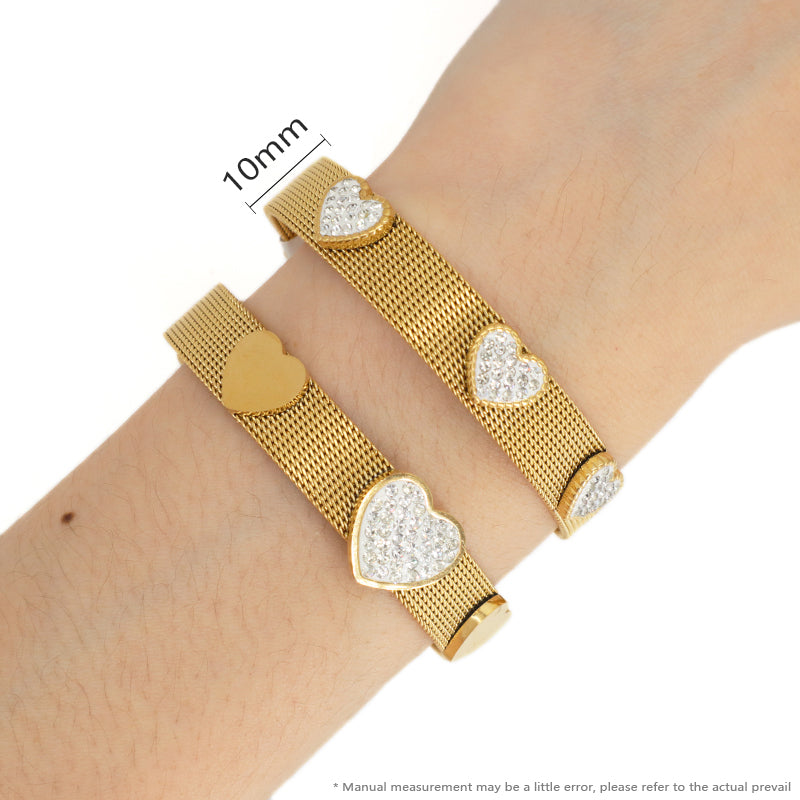Good Quality Wholesale Women Custom Fashion Jewelry Ajustable Stainless Steel CZ Gold Plated Heart Charm Bracelet Bangle