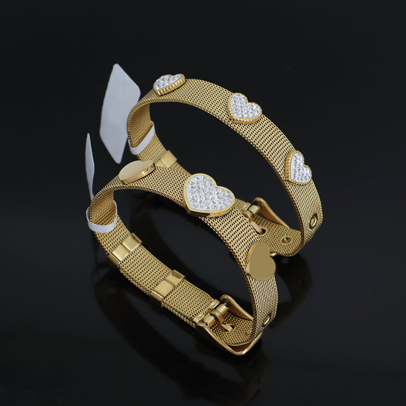 Good Quality Wholesale Women Custom Fashion Jewelry Ajustable Stainless Steel CZ Gold Plated Heart Charm Bracelet Bangle