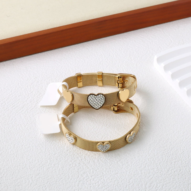 Good Quality Wholesale Women Custom Fashion Jewelry Ajustable Stainless Steel CZ Gold Plated Heart Charm Bracelet Bangle