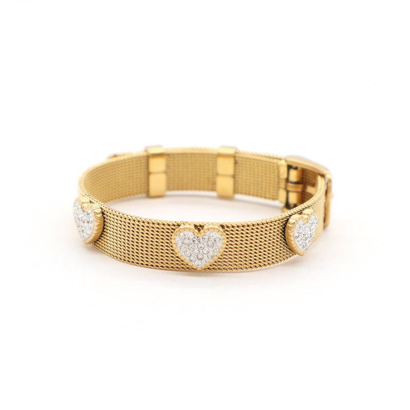 Good Quality Wholesale Women Custom Fashion Jewelry Ajustable Stainless Steel CZ Gold Plated Heart Charm Bracelet Bangle