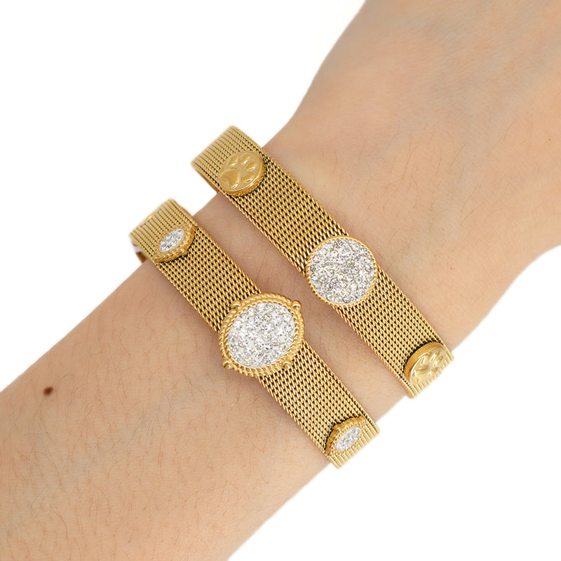 Fashion Design Newest Wholesale Women Custom Jewelry Ajustable Stainless Steel CZ Gold Plated Round Charm Bracelet Bangle