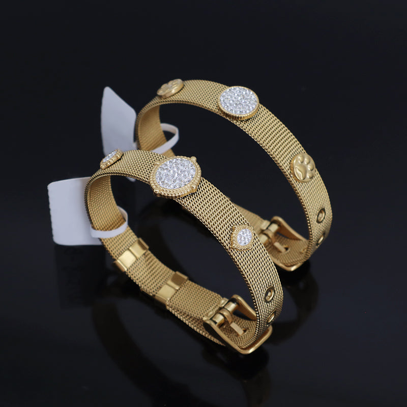Fashion Design Newest Wholesale Women Custom Jewelry Ajustable Stainless Steel CZ Gold Plated Round Charm Bracelet Bangle