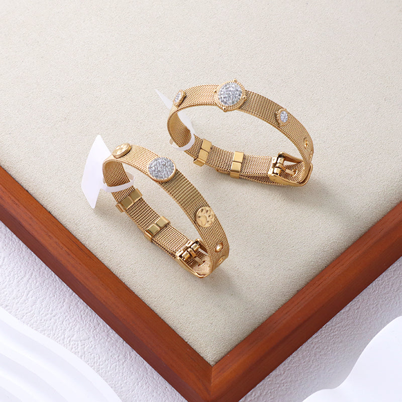 Fashion Design Newest Wholesale Women Custom Jewelry Ajustable Stainless Steel CZ Gold Plated Round Charm Bracelet Bangle