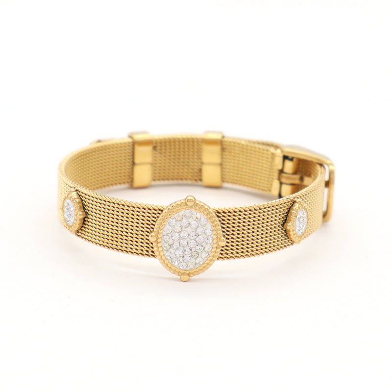 Fashion Design Newest Wholesale Women Custom Jewelry Ajustable Stainless Steel CZ Gold Plated Round Charm Bracelet Bangle