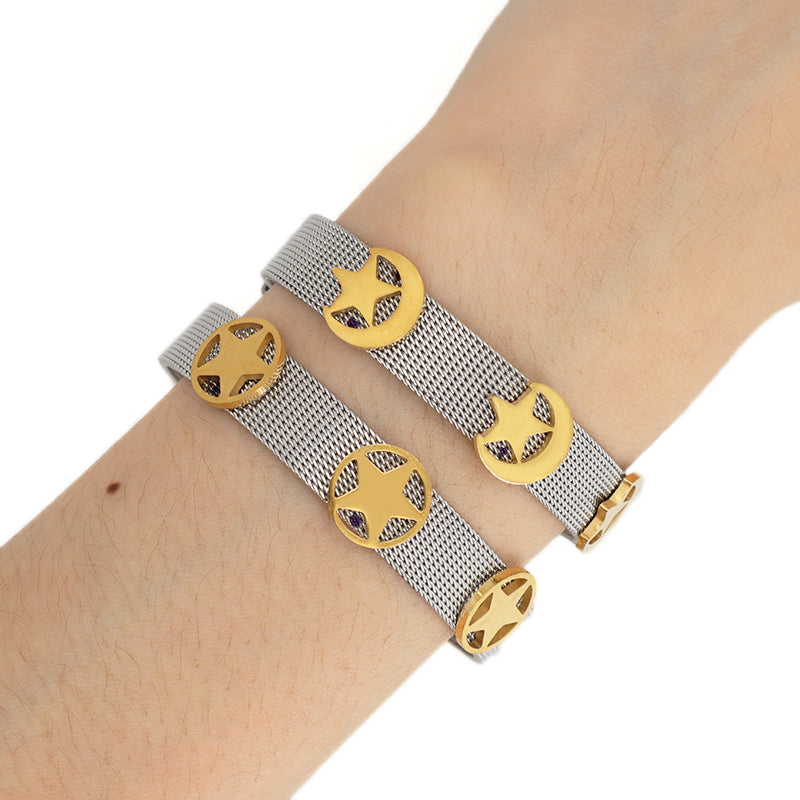 Customized Factory New Fashion Wholesale Women Jewelry Ajustable Stainless Steel CZ Gold Plated Moon Star Charm Bracelet Bangle