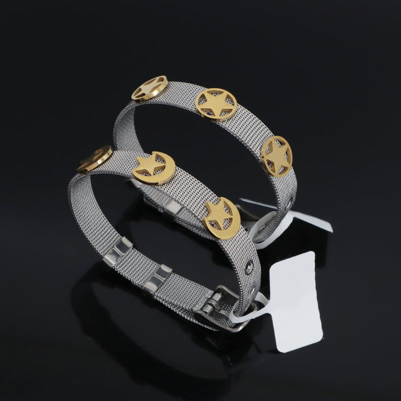 Customized Factory New Fashion Wholesale Women Jewelry Ajustable Stainless Steel CZ Gold Plated Moon Star Charm Bracelet Bangle