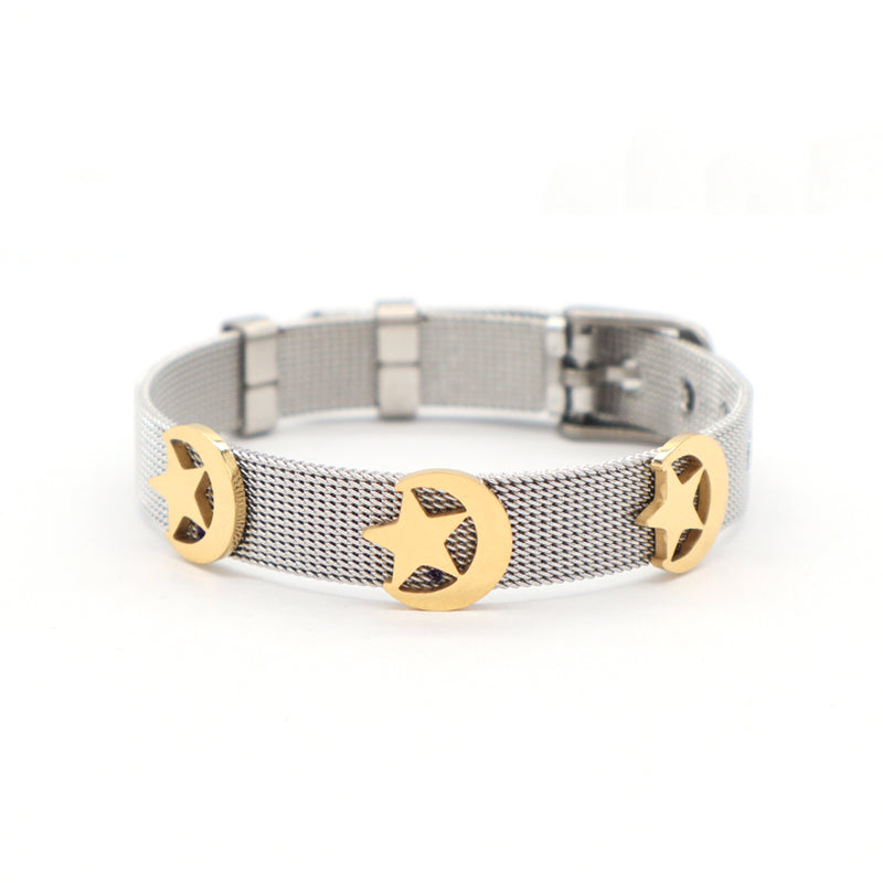 Customized Factory New Fashion Wholesale Women Jewelry Ajustable Stainless Steel CZ Gold Plated Moon Star Charm Bracelet Bangle