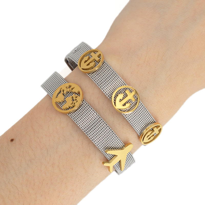 Newest Fashionable Manufacture Wholesale Customized Women Jewelry Ajustable Stainless Steel CZ Gold Plated Plane Anchor Charm Bracelet Bangle
