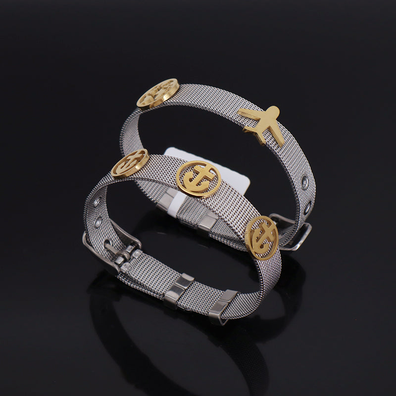 Newest Fashionable Manufacture Wholesale Customized Women Jewelry Ajustable Stainless Steel CZ Gold Plated Plane Anchor Charm Bracelet Bangle