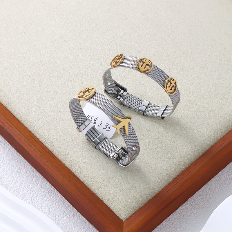 Newest Fashionable Manufacture Wholesale Customized Women Jewelry Ajustable Stainless Steel CZ Gold Plated Plane Anchor Charm Bracelet Bangle