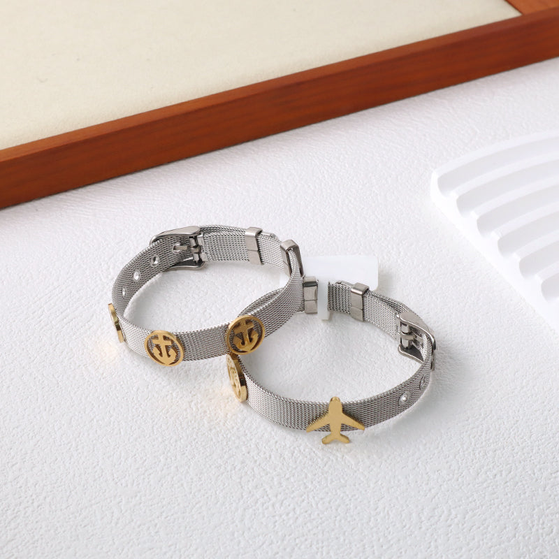Newest Fashionable Manufacture Wholesale Customized Women Jewelry Ajustable Stainless Steel CZ Gold Plated Plane Anchor Charm Bracelet Bangle