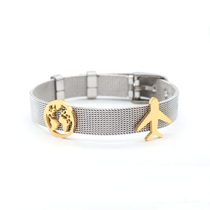 Newest Fashionable Manufacture Wholesale Customized Women Jewelry Ajustable Stainless Steel CZ Gold Plated Plane Anchor Charm Bracelet Bangle