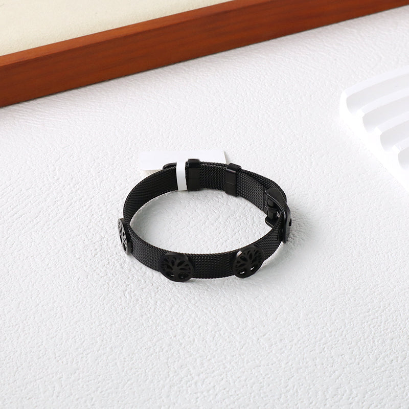 China Factory New Fashion Wholesale Custom Women Jewelry Ajustable Stainless Steel Black Plated Tree Charm Bracelet Bangle