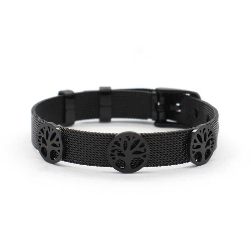 China Factory New Fashion Wholesale Custom Women Jewelry Ajustable Stainless Steel Black Plated Tree Charm Bracelet Bangle