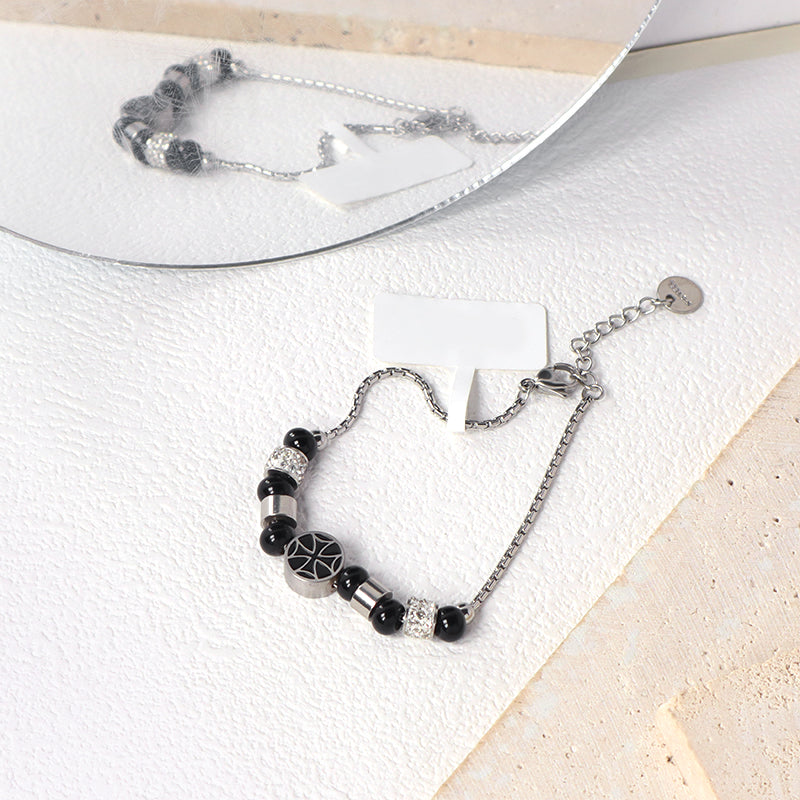 Fashion Customized China Factory Wholesale Manufacture Women Jewelry Ajustable Black Beads CZ Stainless Steel Cross Charm Bangle Bracelet For Gift
