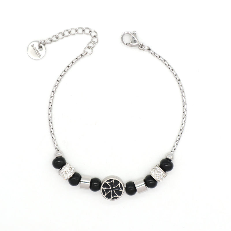 Fashion Customized China Factory Wholesale Manufacture Women Jewelry Ajustable Black Beads CZ Stainless Steel Cross Charm Bangle Bracelet For Gift
