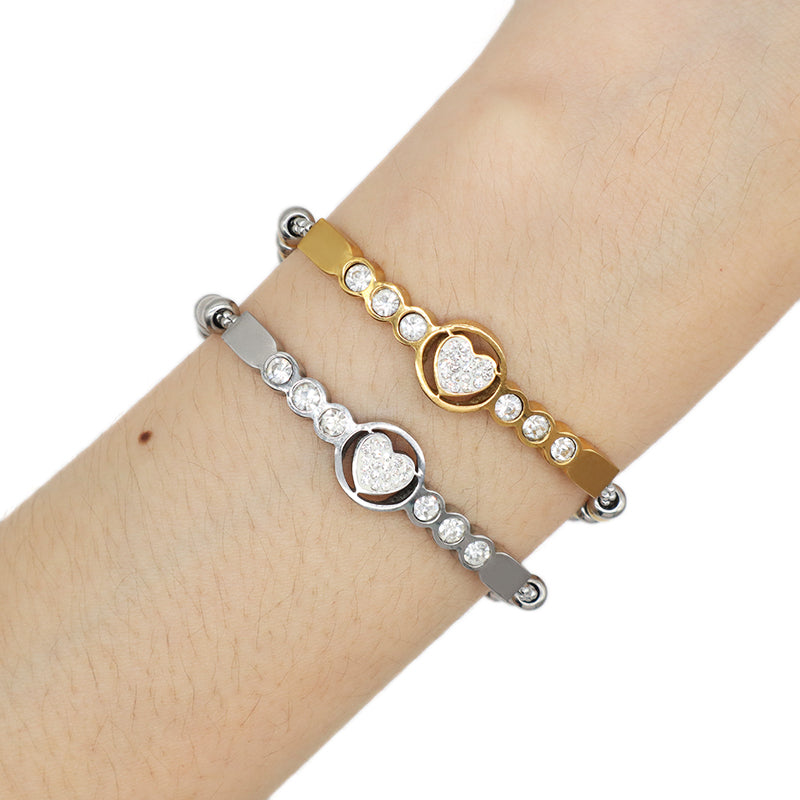 China Factory Wholesale Fashionable Custom Manufacture Jewelry Ajustable CZ Gold Plated Love Heart Stainless Steel Cuff Bracelet Bangle For Gift