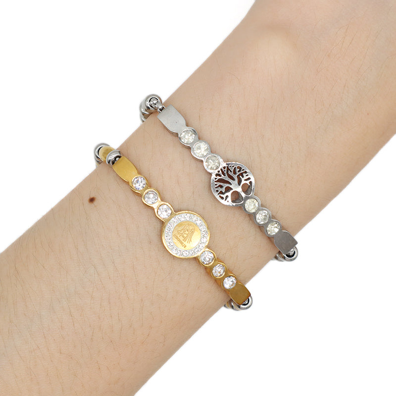 China Factory Wholesale Fashionable Custom Manufacture Jewelry Ajustable CZ Gold Plated Life Tree Stainless Steel Cuff Bangle Bracelet For Gift Women