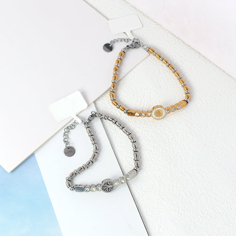 China Factory Wholesale Fashionable Custom Manufacture Jewelry Ajustable CZ Gold Plated Life Tree Stainless Steel Cuff Bangle Bracelet For Gift Women