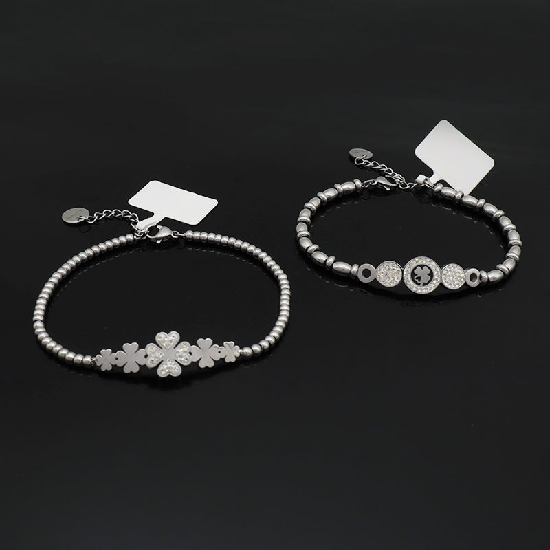 New Bulk Sale Fashionable Custom Manufacture China Factory Jewelry Ajustable CZ No Tarnish Flower Four Leaf Clover Charm Stainless Steel Cuff Bangle Bracelet For Gift