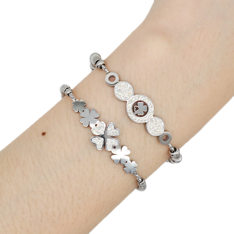 New Bulk Sale Fashionable Custom Manufacture China Factory Jewelry Ajustable CZ No Tarnish Flower Four Leaf Clover Charm Stainless Steel Cuff Bangle Bracelet For Gift