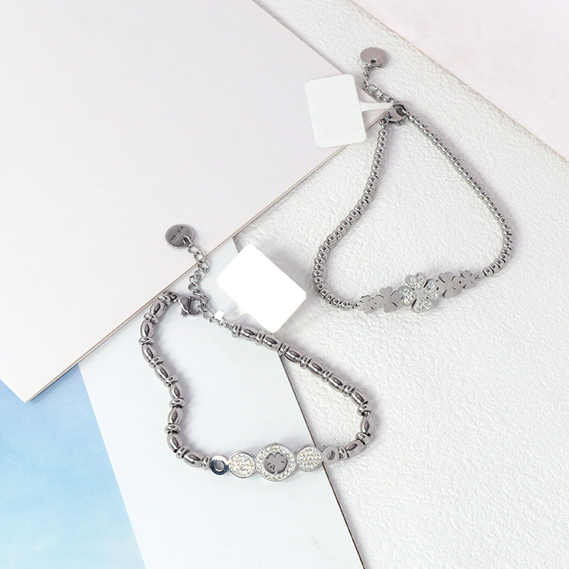 New Bulk Sale Fashionable Custom Manufacture China Factory Jewelry Ajustable CZ No Tarnish Flower Four Leaf Clover Charm Stainless Steel Cuff Bangle Bracelet For Gift