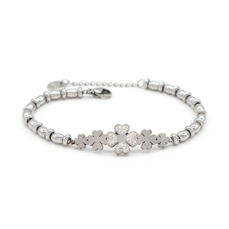 New Bulk Sale Fashionable Custom Manufacture China Factory Jewelry Ajustable CZ No Tarnish Flower Four Leaf Clover Charm Stainless Steel Cuff Bangle Bracelet For Gift