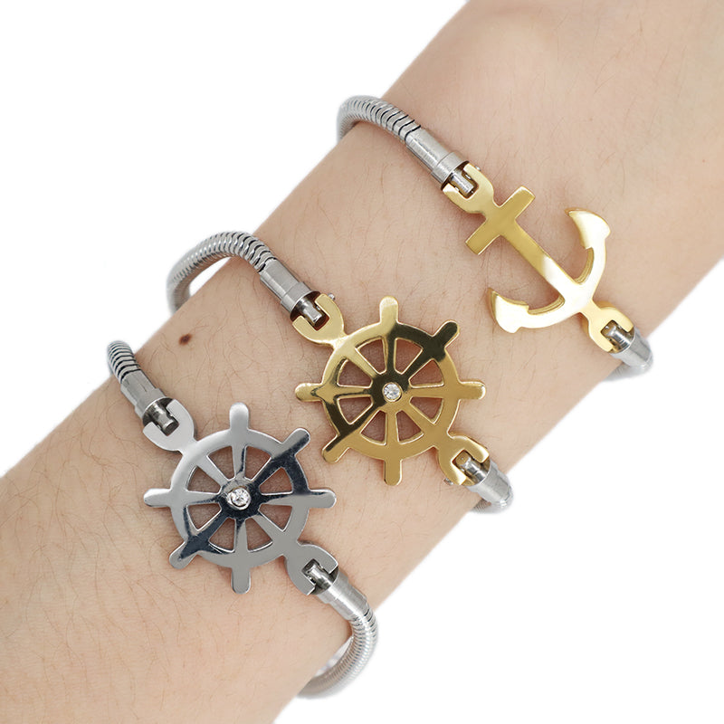 China Factory Manufacture Fashionable Women Customized Wholesale Jewelry Gift Ajustable No Tarnish Stainless Steel Ship's Anchor Rudder Charm Bracelet Bangle