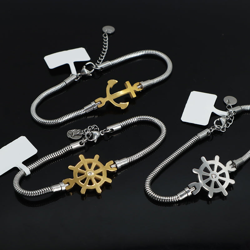 China Factory Manufacture Fashionable Women Customized Wholesale Jewelry Gift Ajustable No Tarnish Stainless Steel Ship's Anchor Rudder Charm Bracelet Bangle