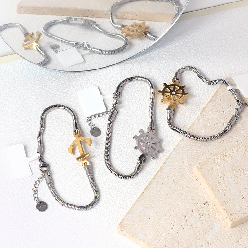 China Factory Manufacture Fashionable Women Customized Wholesale Jewelry Gift Ajustable No Tarnish Stainless Steel Ship's Anchor Rudder Charm Bracelet Bangle