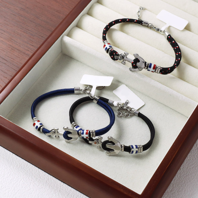 Manufacture Trendy Women Men Wholesale Fashionable Custom China Factory Jewelry Black Blue Rope Ajustable Gift No Tarnish Stainless Steel Cuff Bracelet Bangle