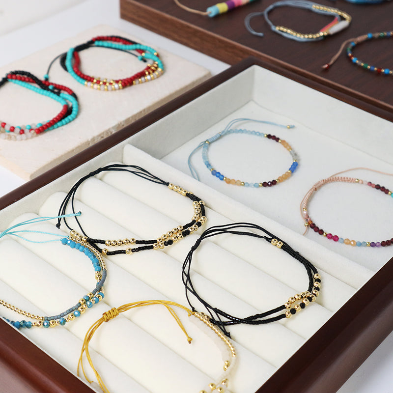 Three Layer Blue Green Pink Colorful Custom Handmade Wholesale Women Ajustable Braided Macrame Glass Crystal Seed Beads Bracelet