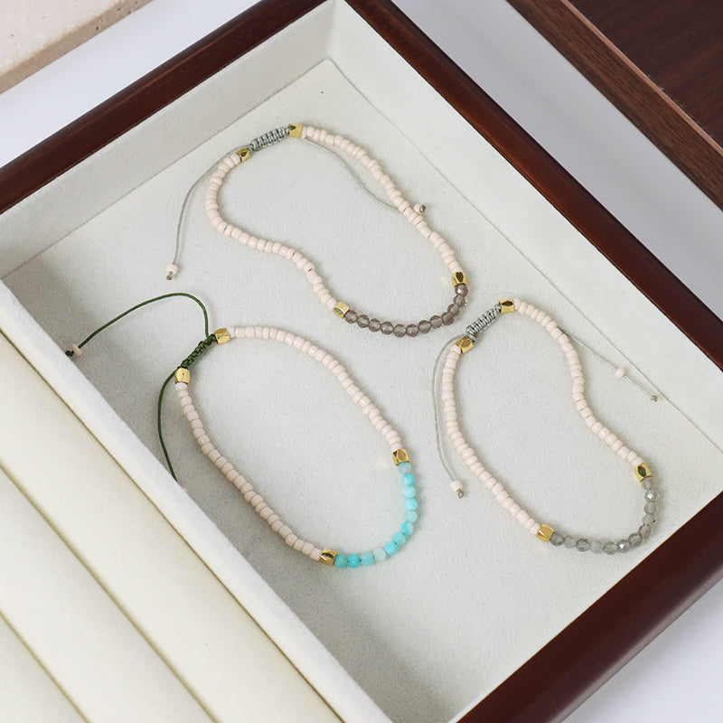 New Custom Women Handmade Ajustable Gold Plated Charm Glass Crystal Seed Beads Woven Macrame Bracelet