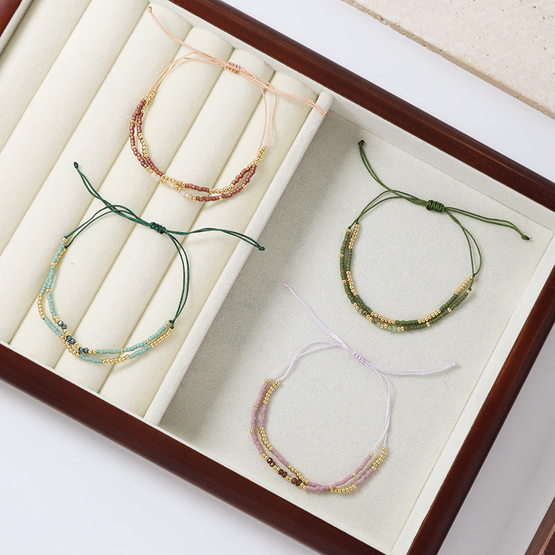 Wholesale Double Layer Gold Plated Glass Crystal Beaded Women Fashion Braided Jewelry Gift Custom Woven Handmade Adjustable Macrame Cord Miyuki Bracelet